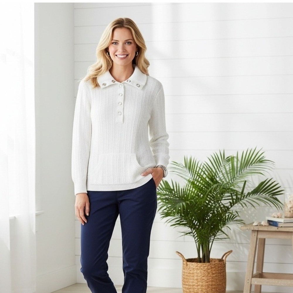 Christopher & Banks White Ribbed Cotton Snap Collar Sweater Women's‎ XL Preppy